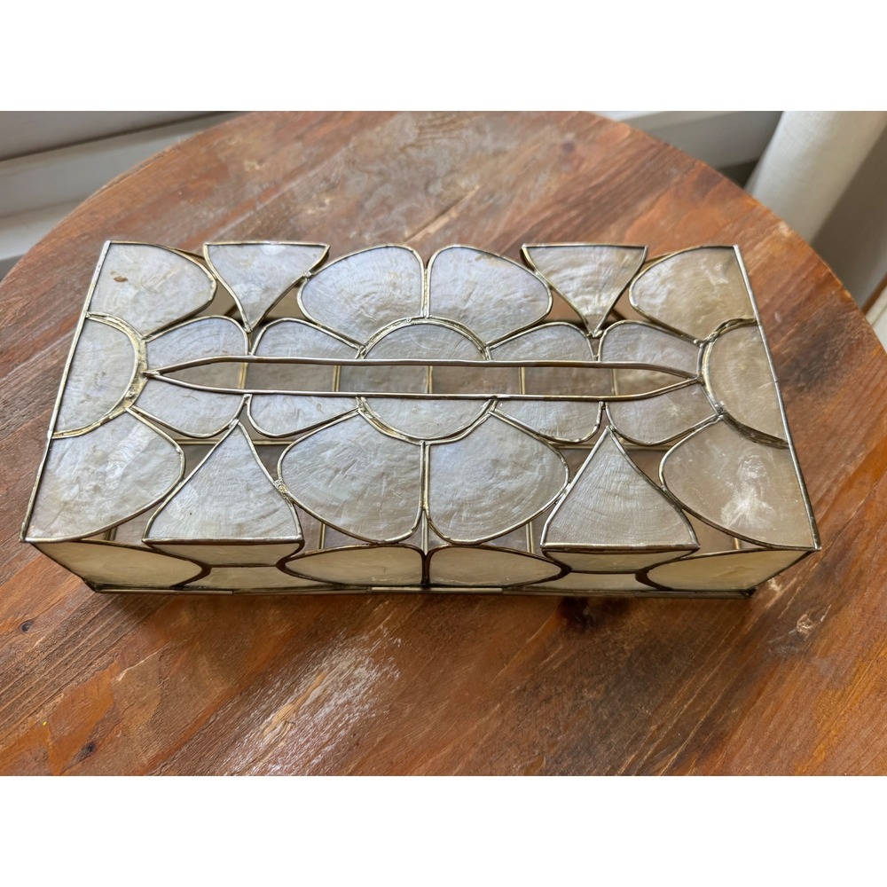 Vintage Capiz Shell Tissue Box Cover Brass Metal Frame Floral Rectangular Cream